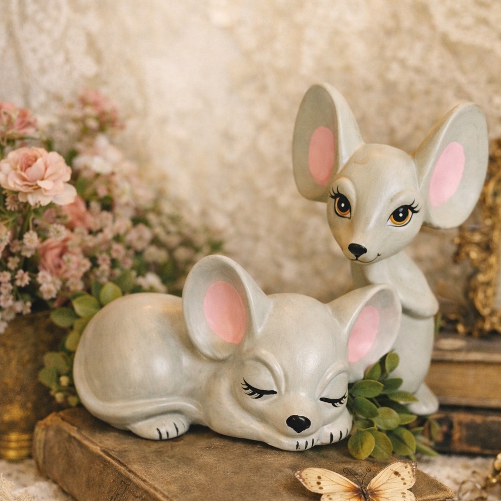 Vintage Sweet Ceramic Mouse Figurine Duo in Soft Gray Pink Large Ears